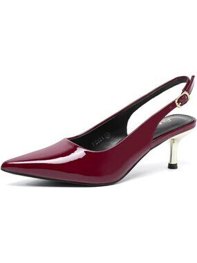 Women's Burgundy Low Kitten Heel Slingback Pump Pointed Toe Heeled Sandals